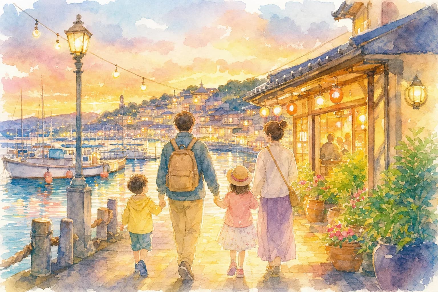港のまわりで夕食を済ませ、日暮れを待つ