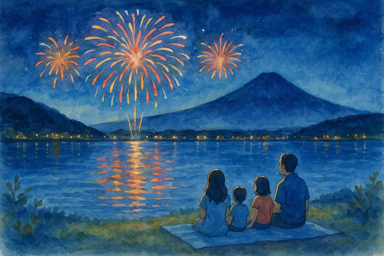 花火会場で場所取り、富士山の夕景を眺めながら開演待ち