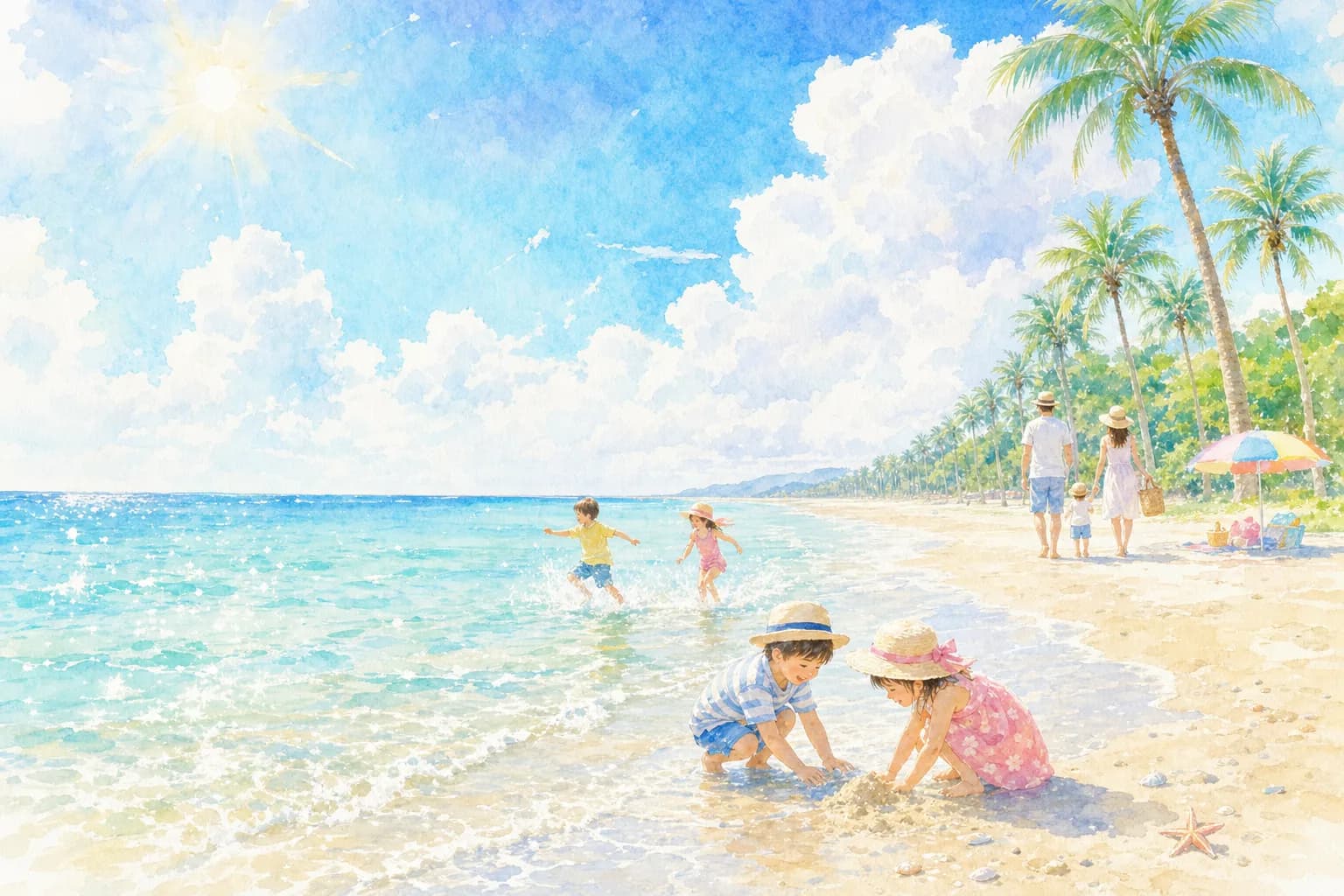 フェニックス並木の海岸で夕方まで海水浴。ライフガード配置で家族も安心