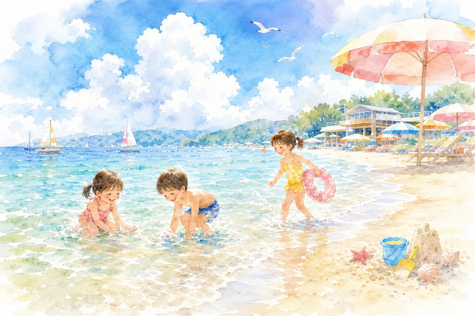 遠浅の砂浜で夕方まで海水浴
