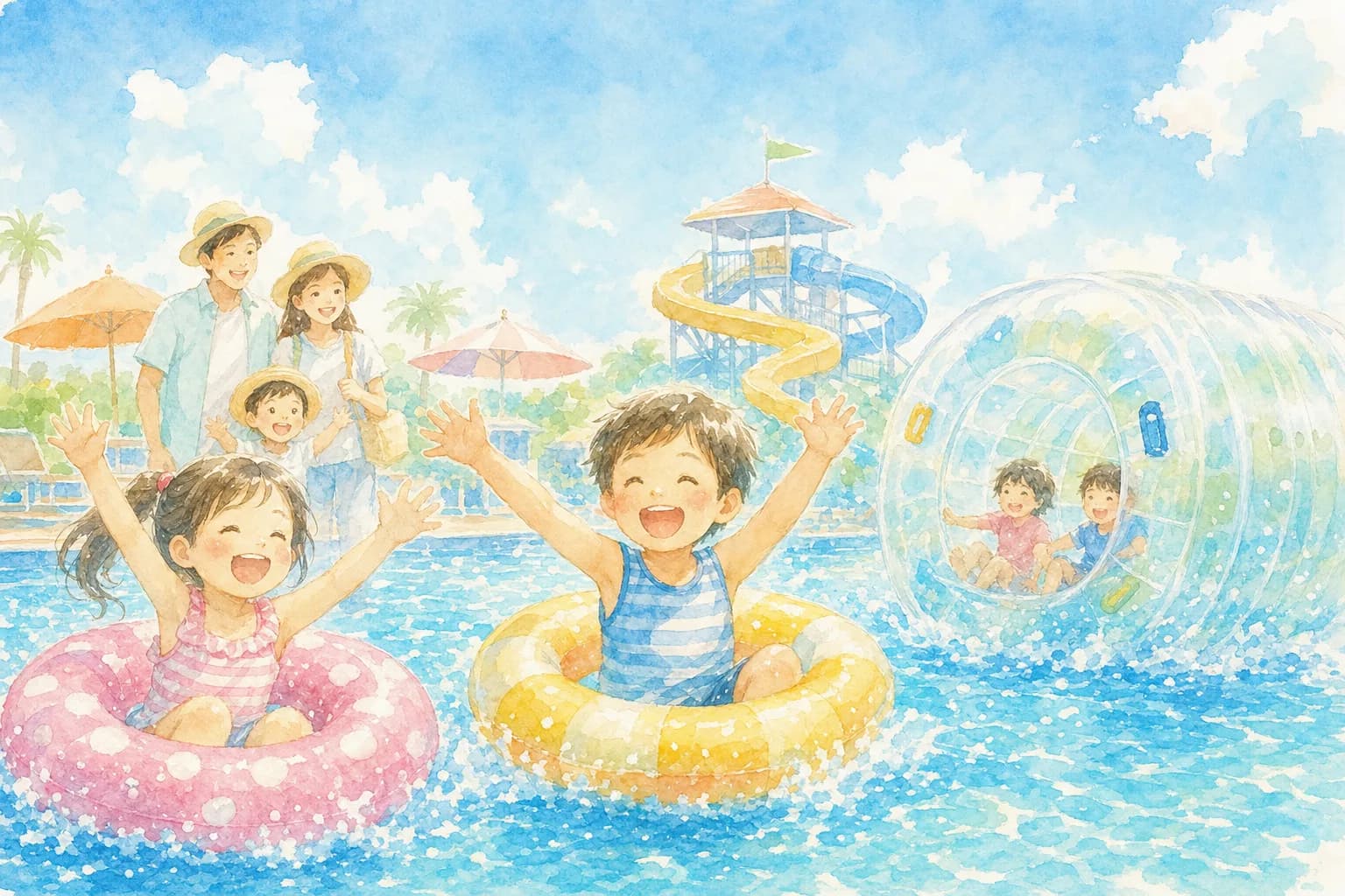 流れるプール・幼児プール・ウォーターローラー付き25mプールで午前の入替枠いっぱいまで水遊び
