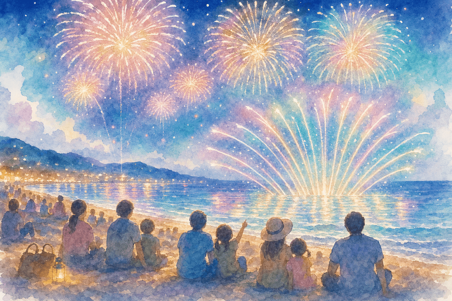 海上花火と水中花火が夜の浜を照らす30分