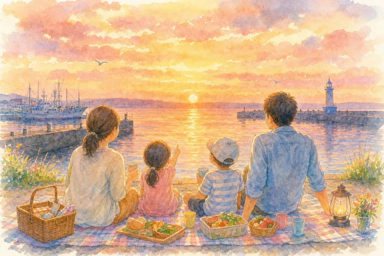 港周辺で夕食を広げ、場所を確保して開演を待つ