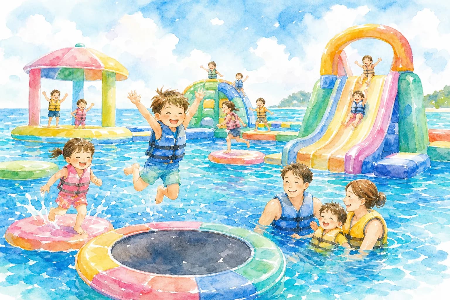 海に浮かぶ水上アスレチックで夕方まで遊び尽くす