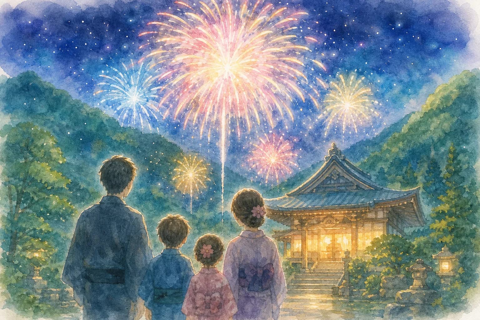 山に囲まれた竹寺の上空に打ち上がる花火を観覧