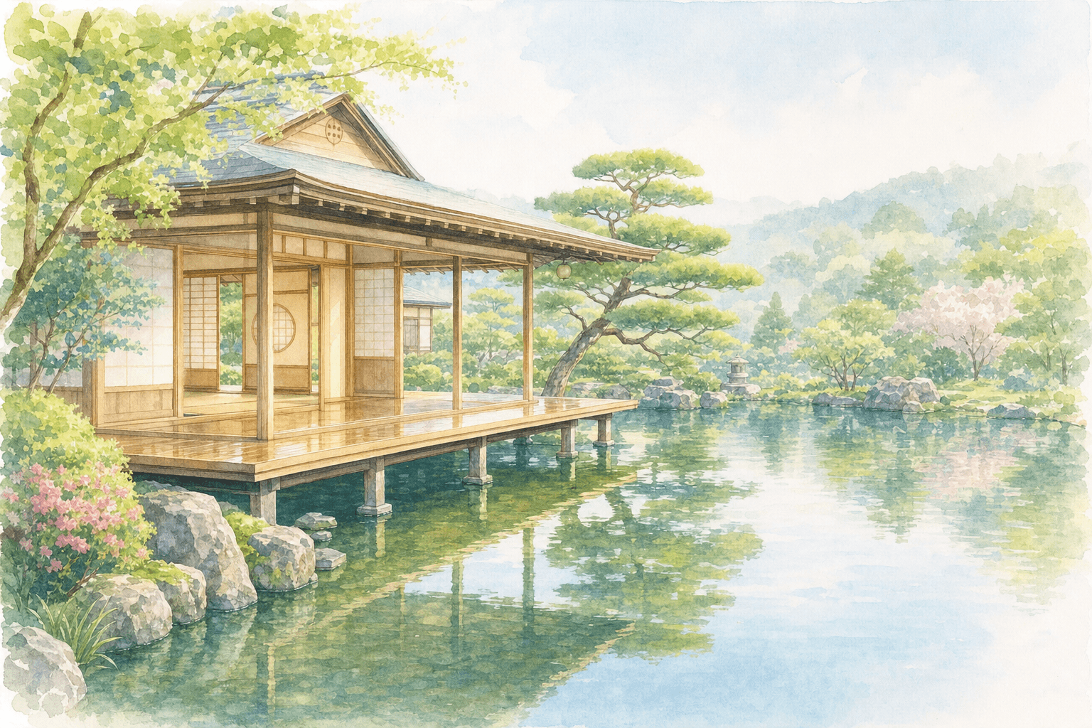 Gaze Upon the Daimyo's Renowned Garden from the Sukiya-Style Mansion Jutting Over the Pond