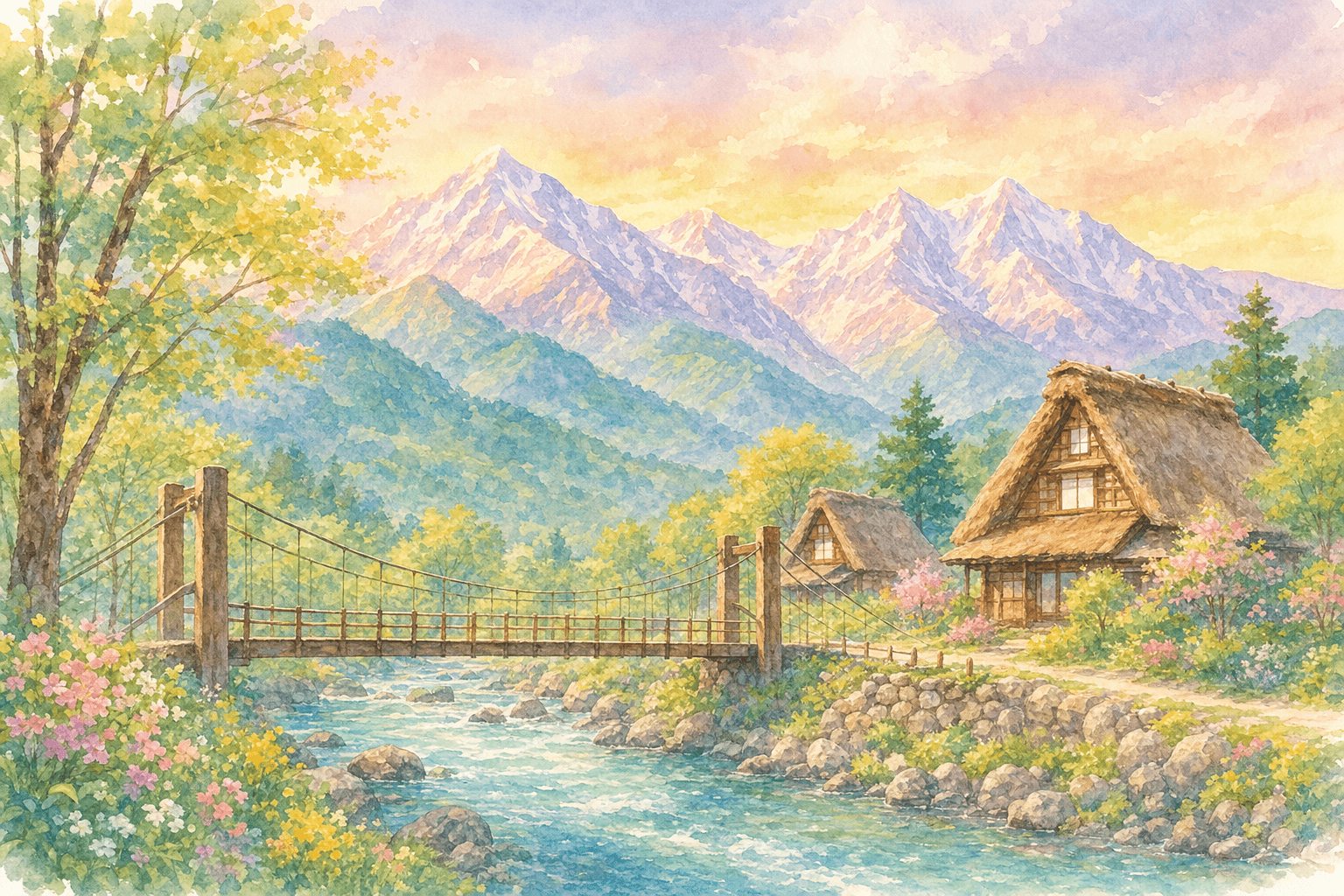 吊橋と茅葺き民家、姫川の清流ごしに白馬三山を望む絵になる風景をふたりで散策