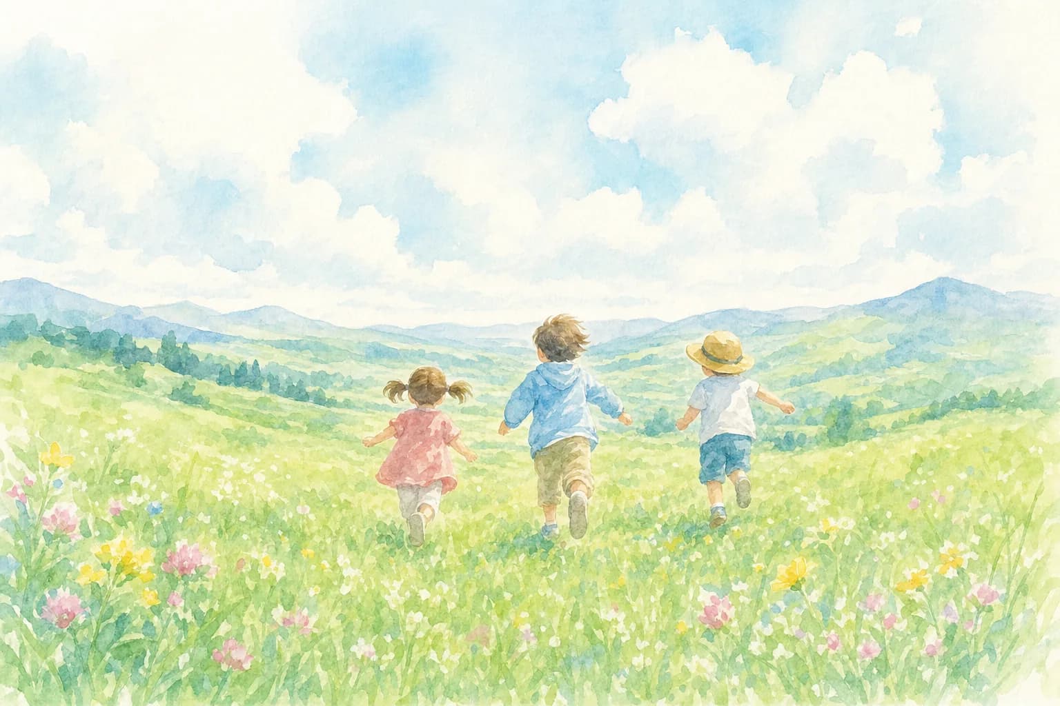 広々とした草原で家族みんなで体を動かして遊ぶ