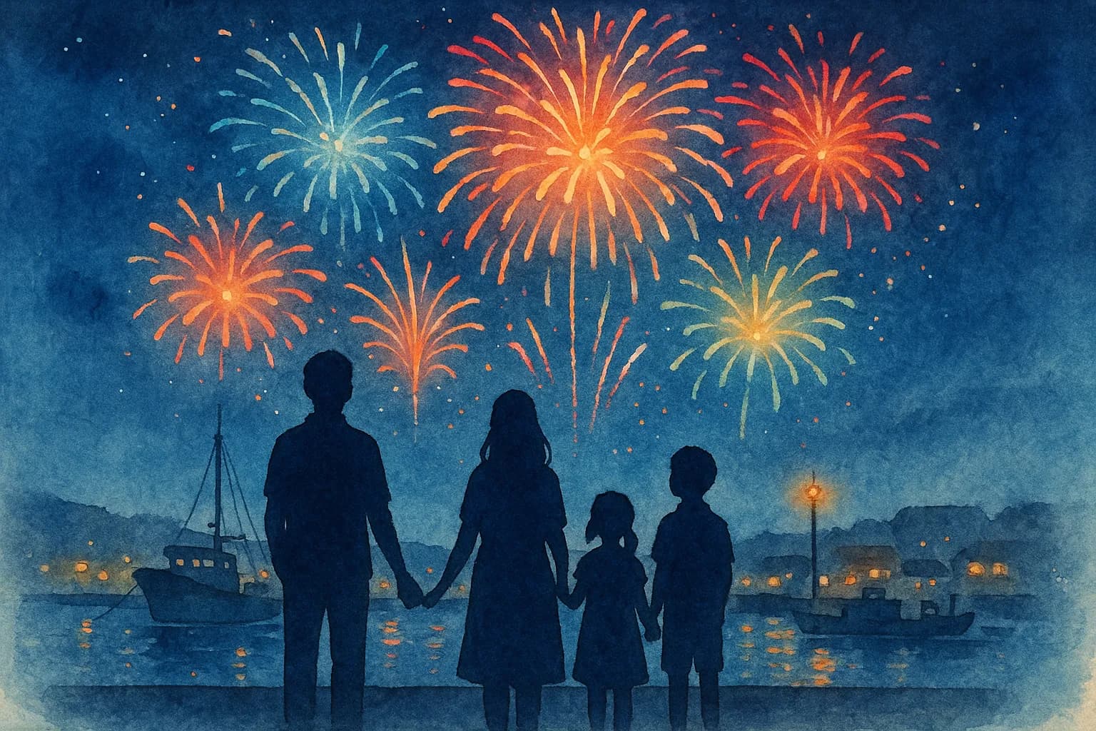港町の夜空に花火を観覧