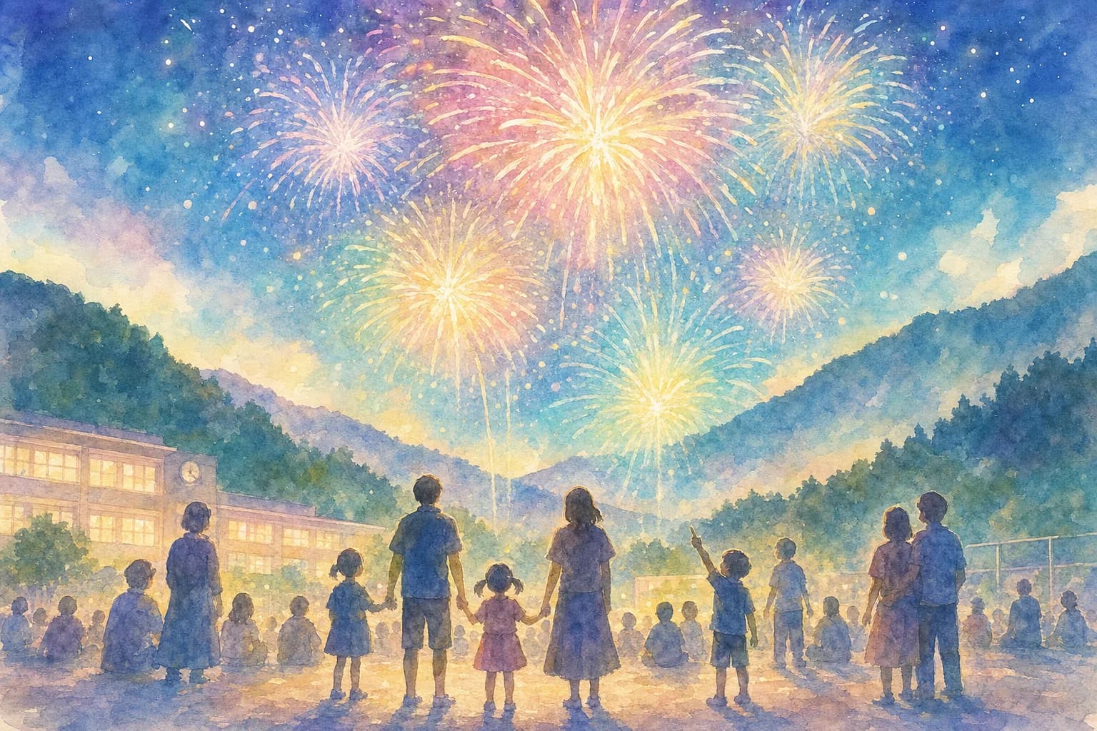 山あいの澄んだ夜空に1時間にわたって打ち上がる花火を観覧