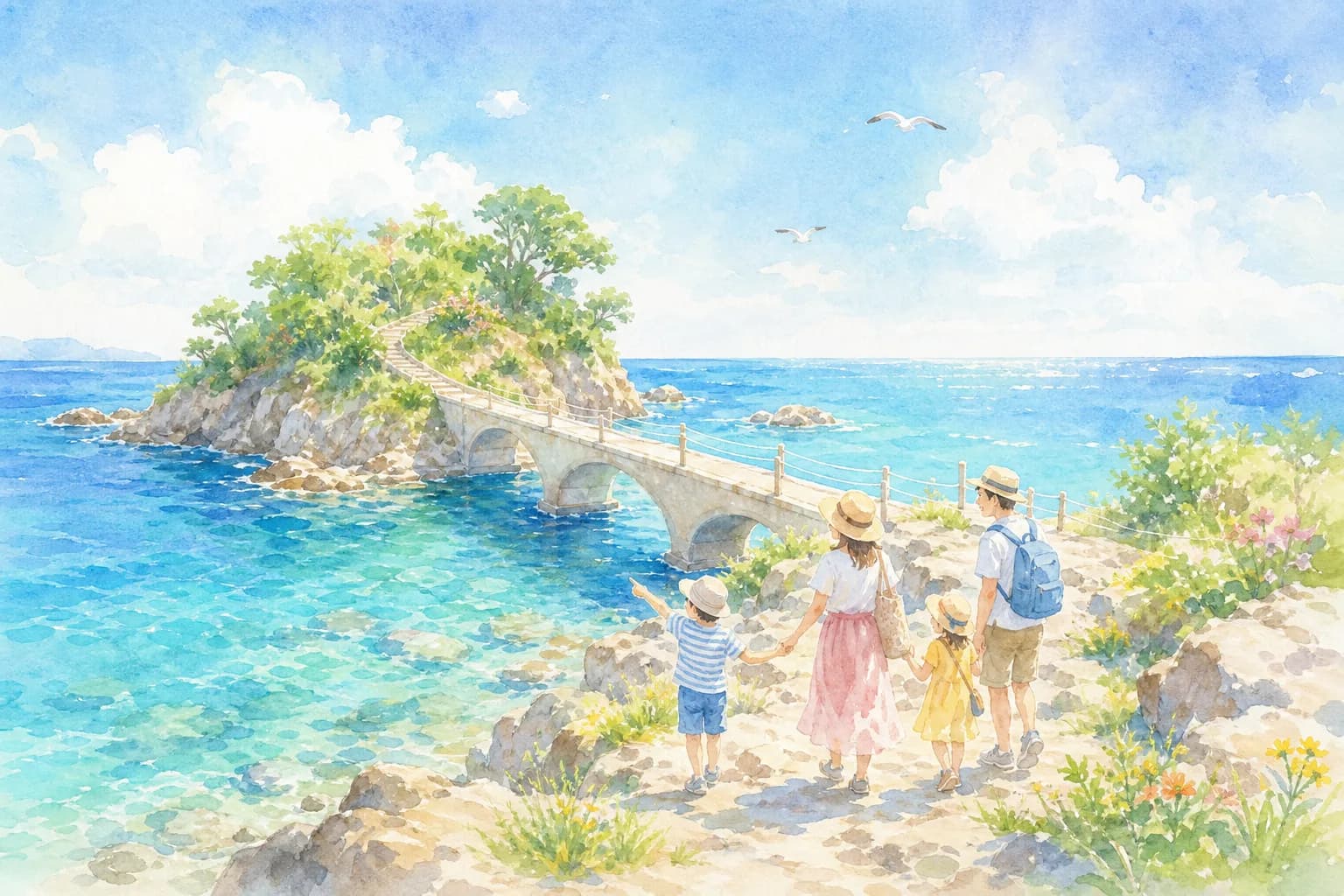 在可經橋樑抵達的小島漫步清澈海水與奇岩景致