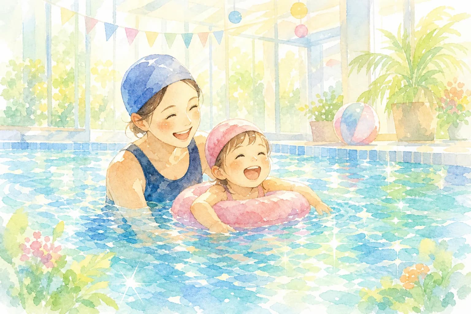 屋内温水プールで夕方までゆったり泳ぐ