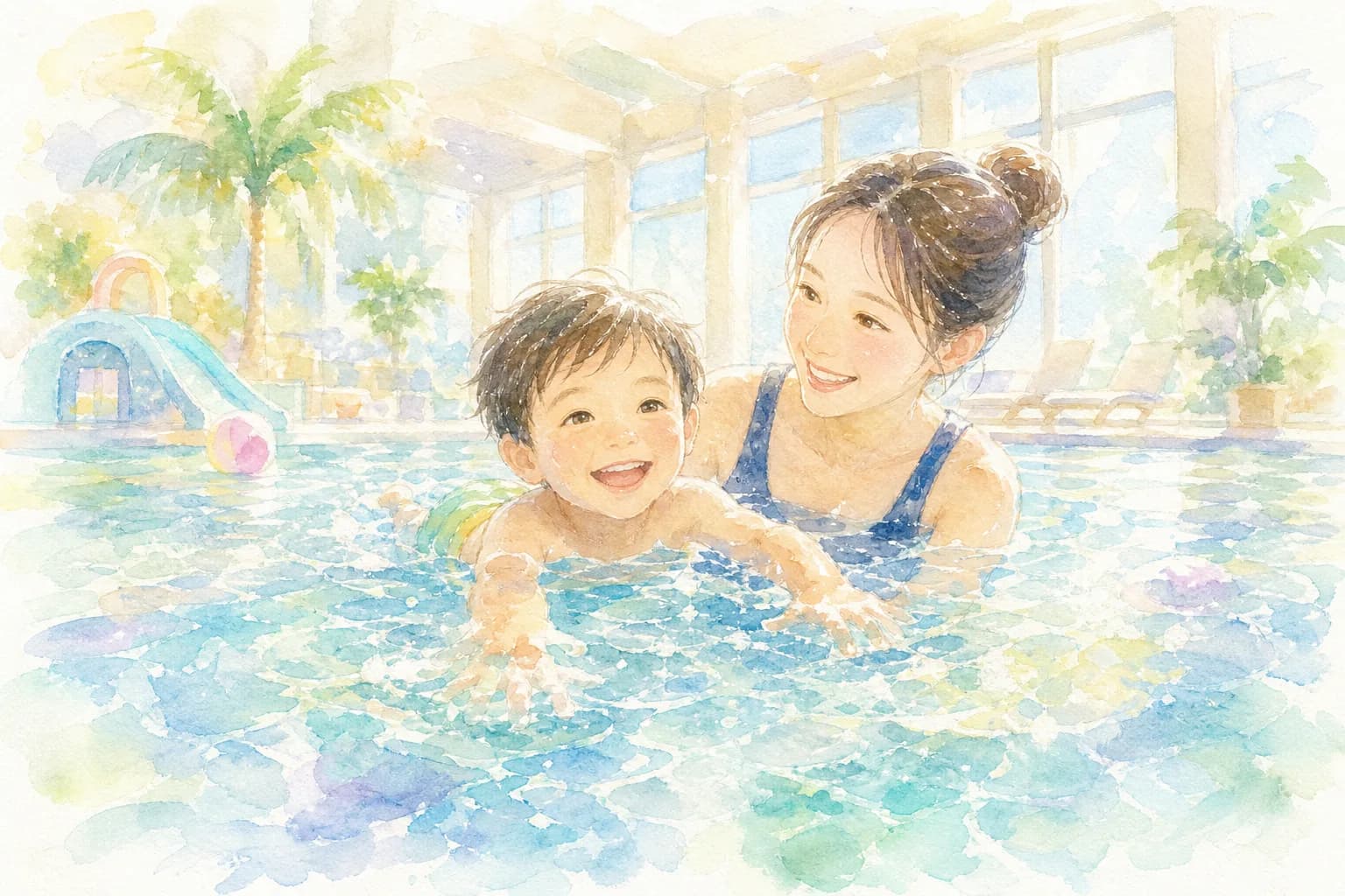 屋内温水プールで夕方までゆったり泳ぐ