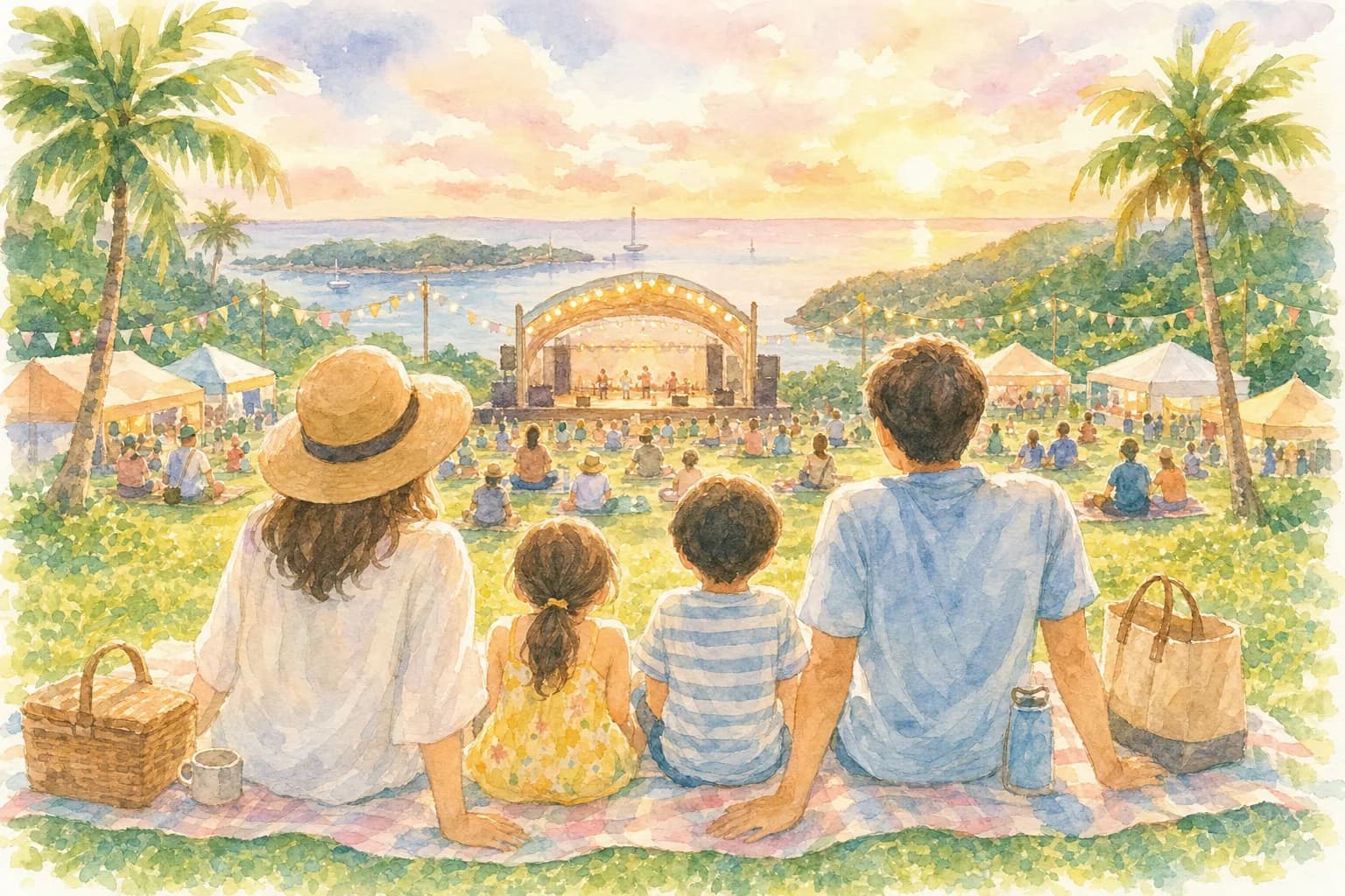会場周辺で夕食をとりながら花火開演を待つ