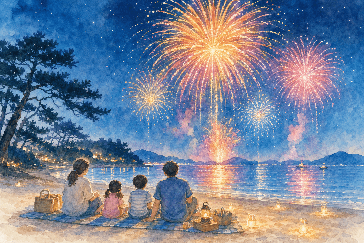 瀬戸内の夜空に約600発、松原と砂浜から見上げる夏の花火