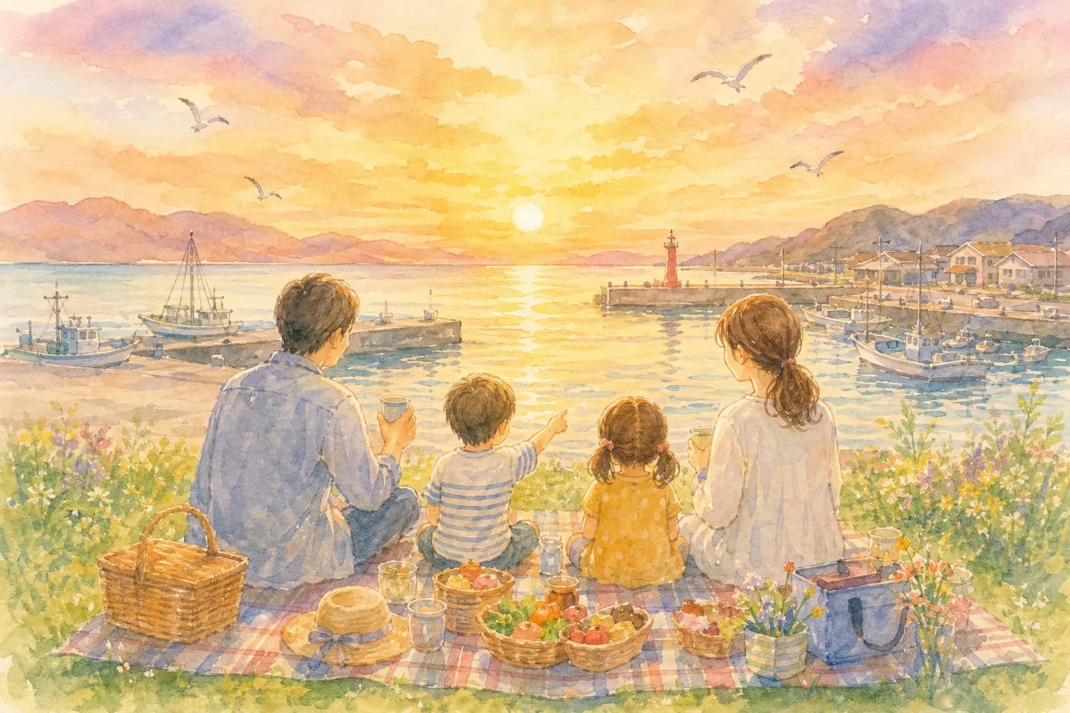 港で夕食をとりながら場所取り、日本海の夕景を楽しむ