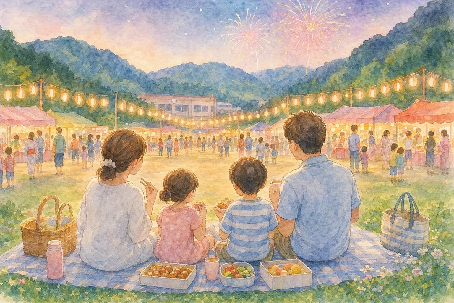 会場で場所を確保、夜店の夕食を食べながら開演を待つ