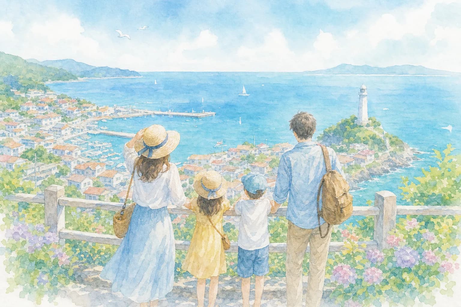 岬の展望台から西郷港と日本海を見渡す