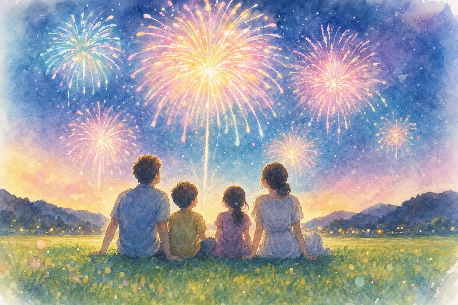 논 속에 울려 퍼지는 이치카와 축제의 불꽃놀이를 잔디에서 관람하기
